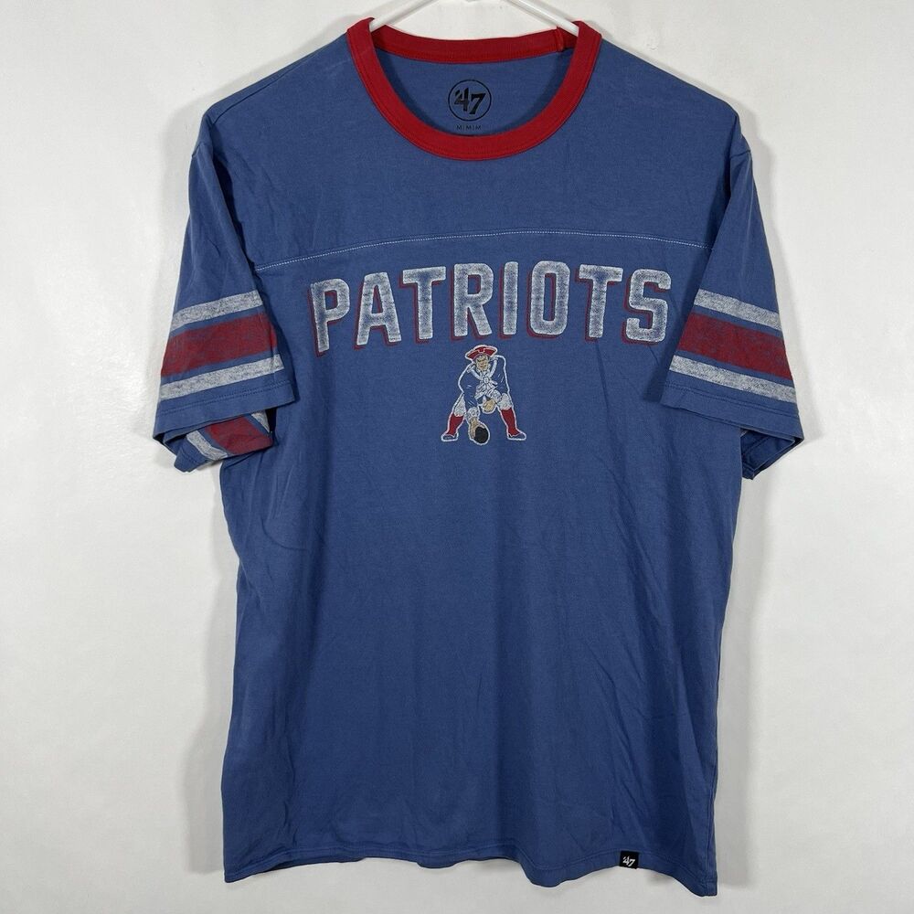 New England Patriots ‘47 Brand Ringer T Shirt Mens Medium Blue Retro Logo SS